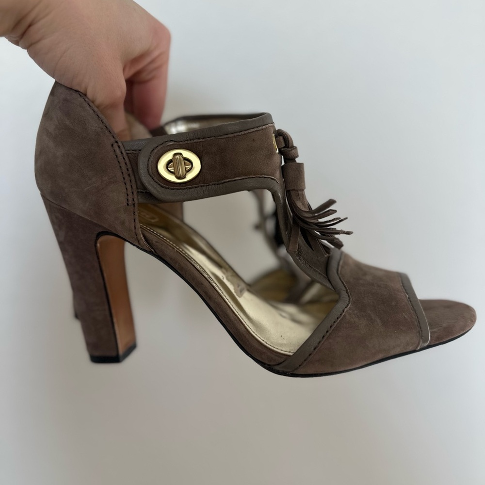 Coach Suede Tassel Heels – Brown Taupe